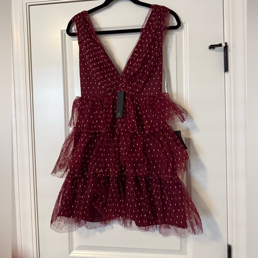Lulus wine red and gold dots tulle dress XS
